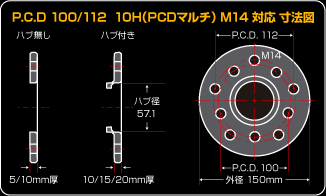 P.C.D 100/112 10H(PCDマルチ)M14 対応 寸法図