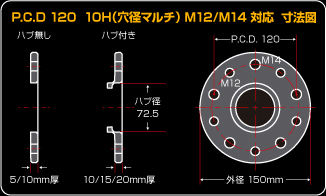 P.C.D 120 10H(穴径マルチ)M12/M14 対応 寸法図